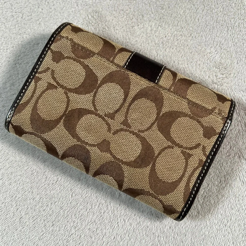 Coach Signature Jacquard Medium Wallet Brown Leather Trim Zip Pocket 5.5x4